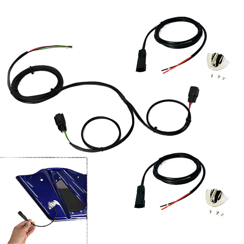 A three-piece rear speaker split backbone wire harness with stainless steel wire inlets and quick disconnects, including a service disconnect at the lid and a 4-pin Molex connector on the amplifier end, displayed on a white background.